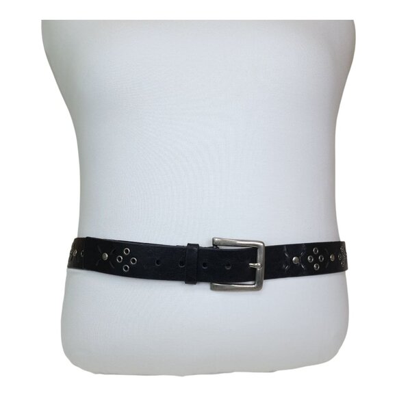 Womens Black XL Belt With Silver Buckle & Grommet Design 48" Long x 1.5" Wide - Picture 1 of 12